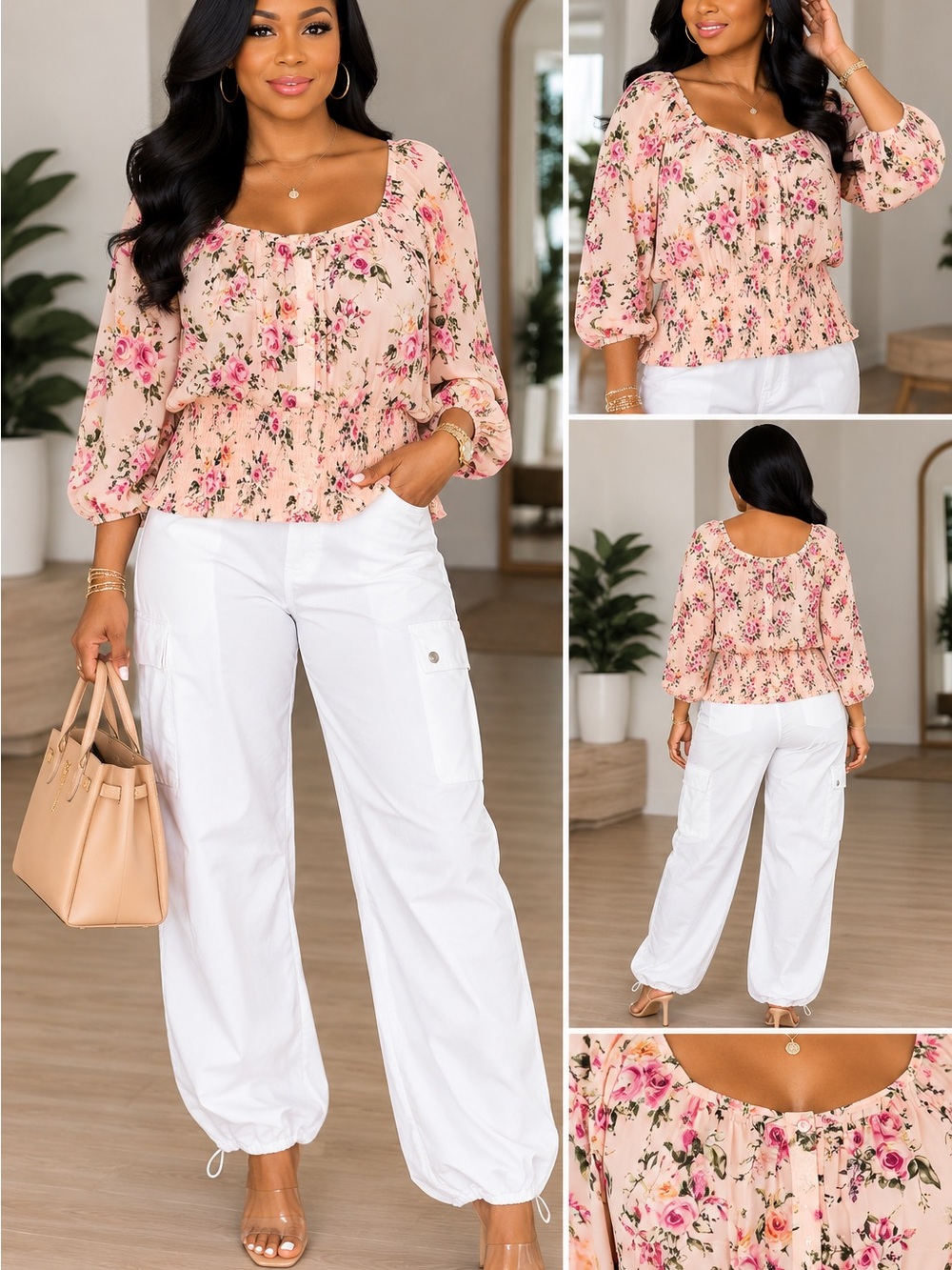 Floral Smocked Waist Peasant Blouse - Pink with White Baggy Cargo Pants -OUTFIT